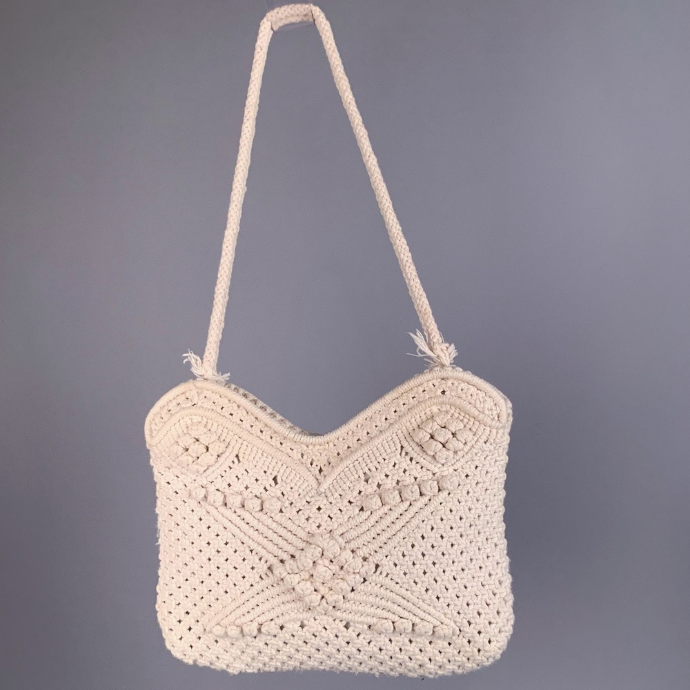 Vintage 70s Macrame Knit Large Bag Tote Purse - Picture 1 of 7